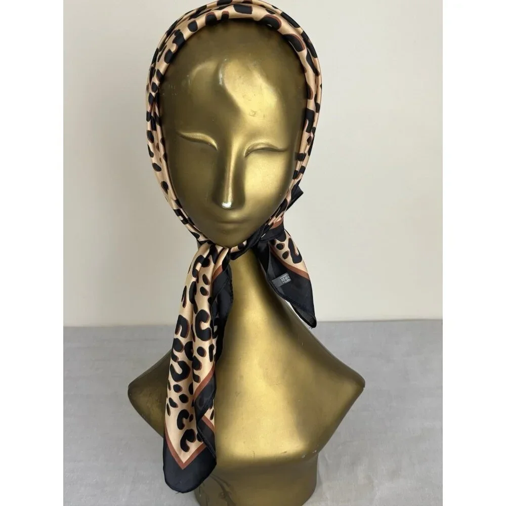 Elegant Leopard Print Design Scarf 26” Square Black & Brown Silky Smooth